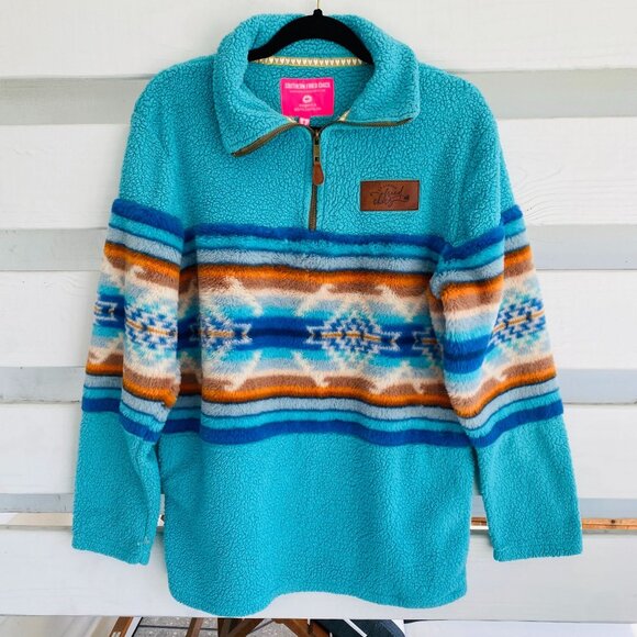 Southern Fried Chics Turquoise Aztec Print Sherpa Pullover Women's Medium - Picture 2 of 11